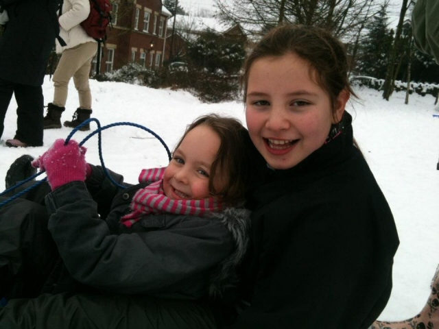 Eleanor Slack and Emily Connell sledging at Rochdale Golf Club. Photo from Vicki Partington