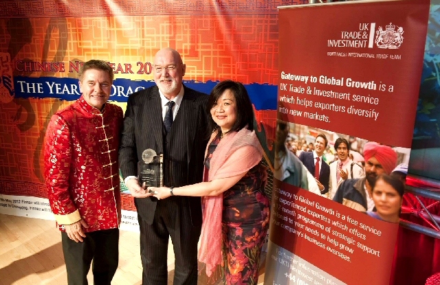 Clive Drinkwater, Regional Director for UK Trade & Investment North West (left) and Philomena Chen, Head of Asia Pacific Development for UKTI North West, with Don Whittle of PTG 