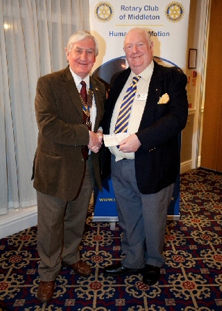 Rotary Club of Middleton President John Brooker with Jeff Lawton collecting the cheque on behalf of Springhill Hospice