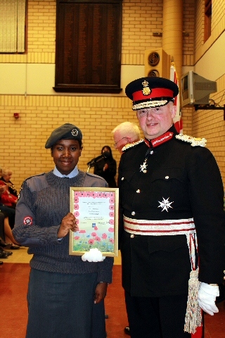 The Lord Lieutenant with second runner up  Cadet Rehema Musa from 1263 (Rochdale) Squadron Air Training Cadets who raised £912.46