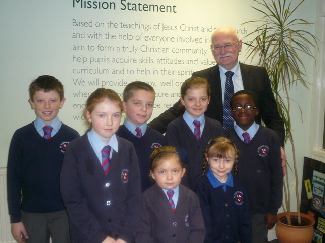 St Thomas More RC Primary school pupils with Head Teacher Don McCorriston
