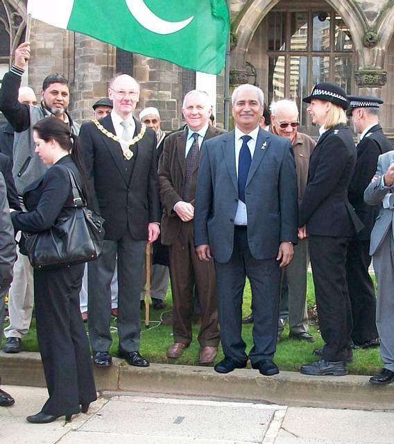 Flag Raising on Pakistan Day, with Councillor Karen Burke, Deputy Mayor Councillor James Gartside, Councillor Ashley Dearnley, Ghulam Rasul Shahzad OBE JP, Chief Inspector Nadeem Mir