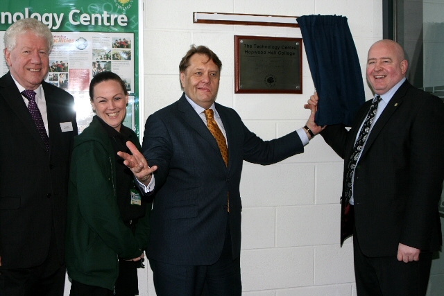 Clive Reid, Chairman of Corporation, Karen Harris, Chairwoman of Student Leadership Team, John Hayes MP and College Principal Derek O’Toole beside the plaque