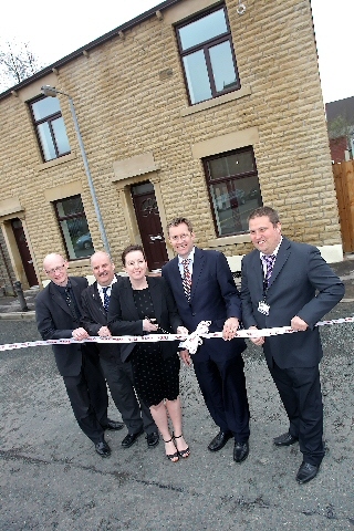 Tracy Hayes (Regenda’s Executive Director of Operations) at the official opening with, from left, Martin Davies (Regenda’s Development Director); Peter Maynard  (Rochdale MBC;) Simon Walker (Watts) and John Cousins (CSC Construction