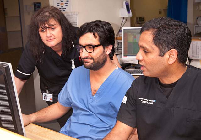 Clinical Matron, Penny Yates; Dr Naveed Akbar; and Dr Ritesh Shetty, consultant, at the A&E department at Fairfield General Hospital
