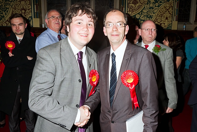 Delighted Labour leader Colin Lambert congratulates Liam O'Rourke on his victory in North Heywood