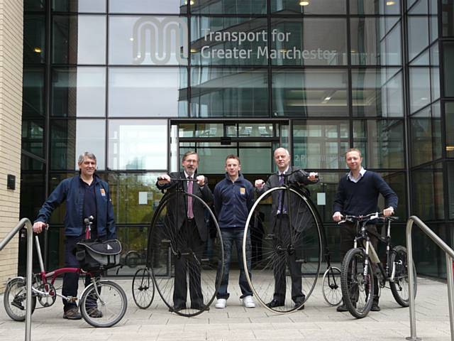 Councillor Andrew Fender, Chair of the TfGM Committee, and Dave Newton, TfGM’s Transport Strategy Director, demonstrate one of the more unusual ways to take part in the Cycle Challenge, alongside CTC officers Seamus Kelly and Ross Adams, and Andy Howard, LSTF Area Cycling Officer