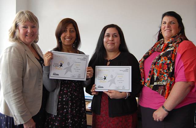 Lesley Mort, Interim Accountable Officer presents Fozia Waseem and Shabnam Sardar with their Going for Gold Stars award along with nominator Karen Hurley