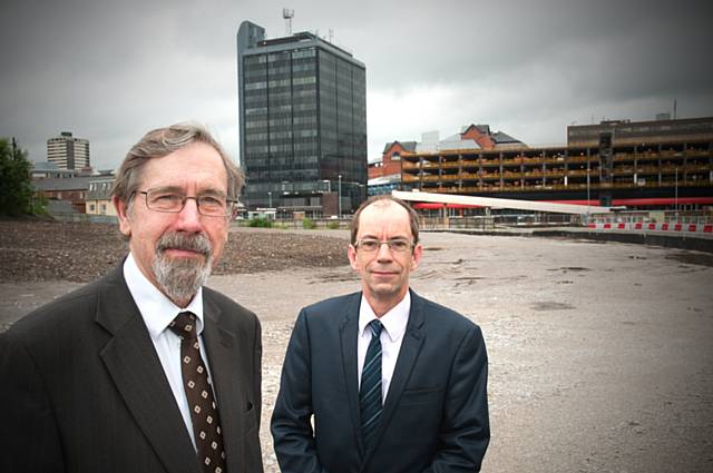 Councillor Andrew Fender, Chair of the Transport for Greater Manchester Committee, and Councillor Colin Lambert, Leader of Rochdale Borough Council, on the site that will soon become the new Rochdale Interchange