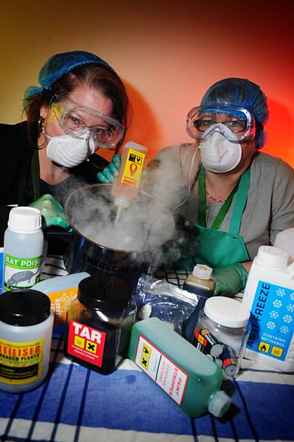 Mary Wallace shows Bev Maguire of Belfield Children’s Centre just what kind of chemicals a cigarette contains