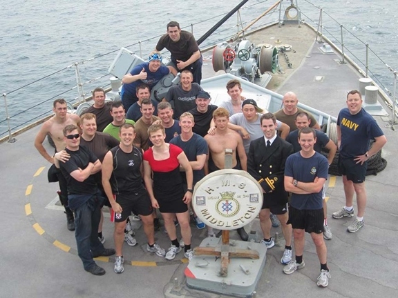 Due to the lack of a running track on board HMS Middleton the Ship’s Company, instead of a run, carried out a 15 minute ‘jog on the spot.’ 23 Sailors, over half of those on board, took to the deck and fundraised for Sports Relief on March 23  For 15 minutes the majority of HMS Middleton broke off from operations and jogged on the spot in a mixed set of clothing for Sports Relief.