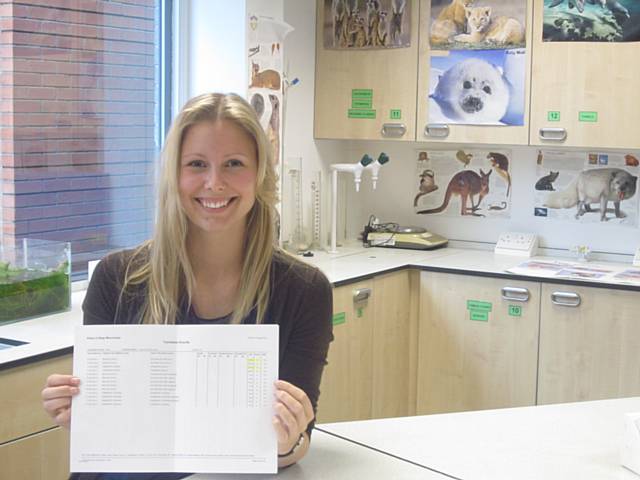 Emma Thorndyke celebrates her A Level results at Abbey College