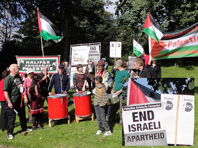 Members of Rochdale Palestine Solidarity Campaign (PSC) join fellow campaigners from Halifax Friends of Palestine and Manchester PSC outside the Bankfield textile museum in Halifax 