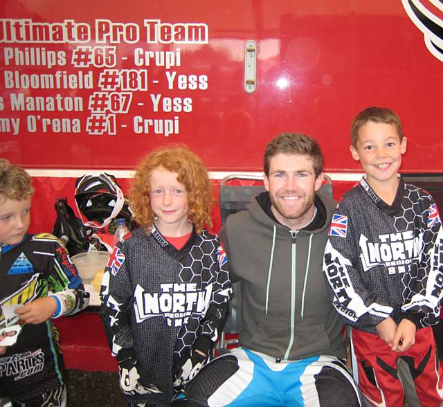 Roch Valley Raiders riders Joe Matthias (left) and Daniel Robertson (right) meet 2012 Olympian Liam Phillips 