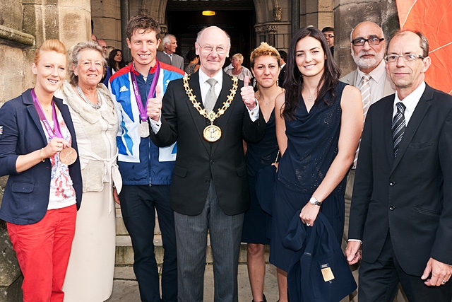 Nicola White, Councillor Ann Metcalfe, Stuart Bithell, Mayor James Gartside, Sophie Cox, Keri-Anne Payne, Councillor Surinder Biant, Council Leader Colin Lambert