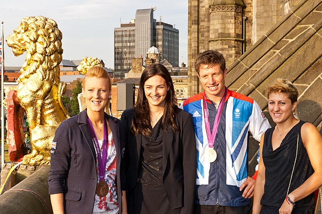 Nicola White, Keri-Anne Payne, Stuart Bithell and Sophie Cox on the Town Hall balcony