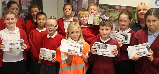 Year 6 pupils from Bowlee Park Primary and Little Heaton CE Primary in Middleton with RBH Communities First Co-ordinator Ruth Sillence