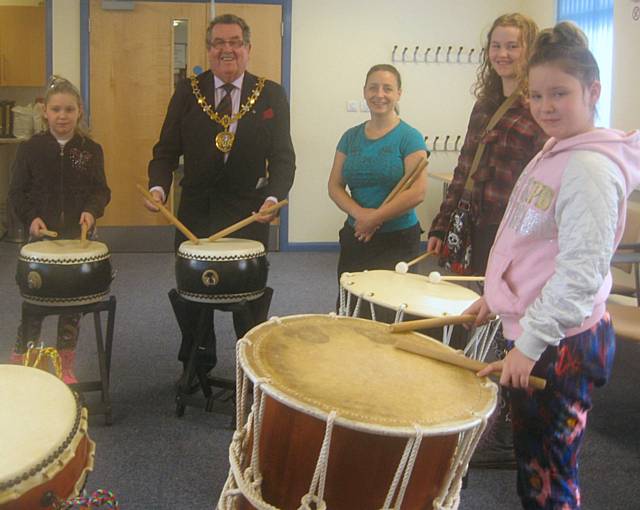 Takio drumming workshop with Mayor Peter Rush and Gill Parnell-Jackson