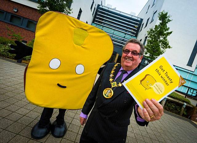 The Mayor, Councillor Peter Rush spreading the message with Mr Toast
