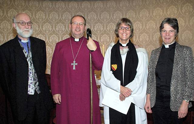 The Rev Canon Sharon Jones with  Rev Ron Hicks, Superintendent of the Rochdale and Littleborough Methodist Circuit, the Rt. Rev Mark Davies, Bishop of Middleton and the Venerable Cherry Vann, Archdeacon of Rochdale