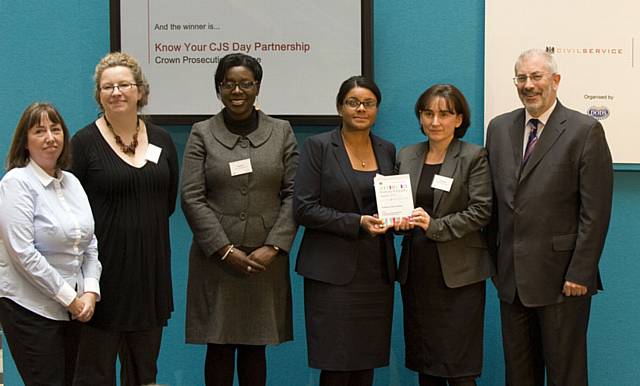 Sergeant Kate Crompton - Greater Manchester Police, Julie Davies – Wigan and Leigh People First, Dale Simon – Director of Public Accountability and Inclusion – Crown Prosecution Service, Stacey Davis Public Accountability and Inclusion Manager – Crown Prosecution Service (North West), Alison Mutch Deputy Chief Crown Prosecutor, Cheshire and Mersey  and Sir Bob Kerslake (presenting the award to the team)