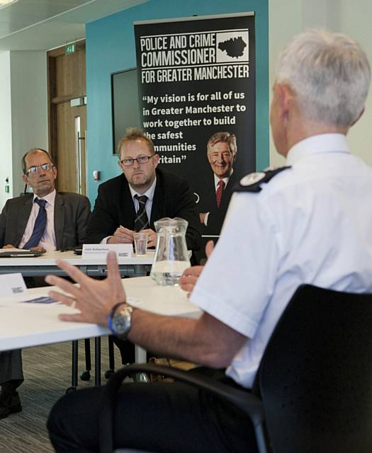 Sir Peter Fahy outlining his vision for the next three years at the latest scrutiny session held by Police and Crime Commissioner Tony Lloyd