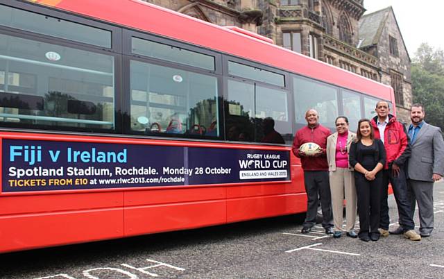 Mike Ratu (left) with Ben Boothman (right) - Team Manager of Fiji UK RL and members of the Rochdale Fijian community are looking forward to Rugby League World Cup 2013