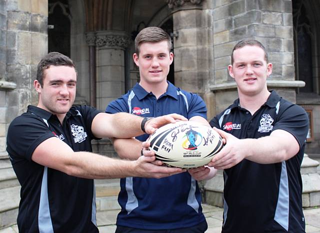 (Left to right) Rochdale Hornets players Jordan Case, Joe Greenwood and Carl Forster are excited about seeing the world cup come to Rochdale