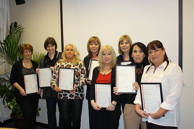 Some of the RBH Supported Housing Service warden team receiving their level 3 NVQ certificates in housing earlier this year (l-r): Sheila Greenwood, Sally Brophy, Lorraine Cullen, Beverley Morgan, Linda Dawson, Lorraine Barlow, Debbie Molyneaux and Patricia McEnerney