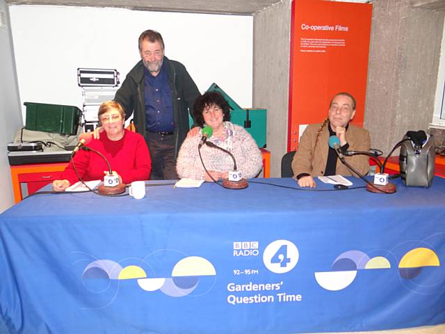 The celebrated panel of gardening experts, with Eric Robson (stood) and the team; Christine Walkden, Pippa Greenwood and Bob Flowerdew 