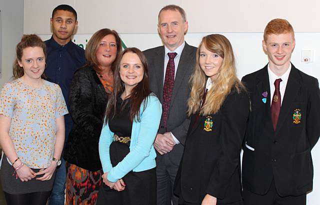 Siddal Moor Annual Awards Evening Steve Britton, Headteacher; Vicky Binns, former Emmerdale and Coronation Street with award winners