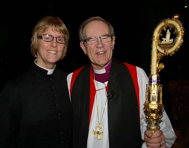 Reverend Canon Sharon Jones with the retiring Bishop of Manchester, the Rt Rev Nigel McCulloch