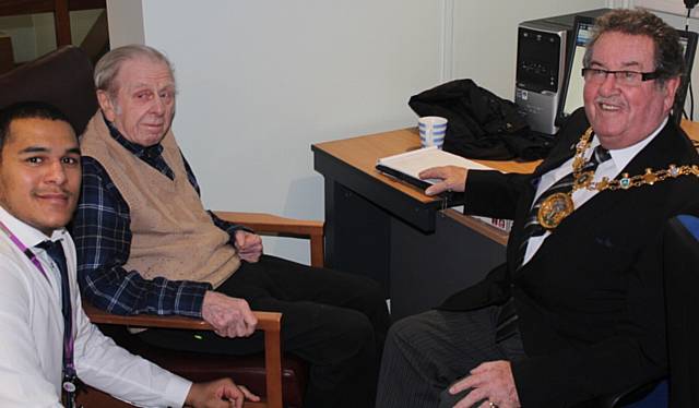 RBH Volunteer Co-ordinator Daniel Turner with resident Robert Jump and the Mayor, Councillor Peter Rush 