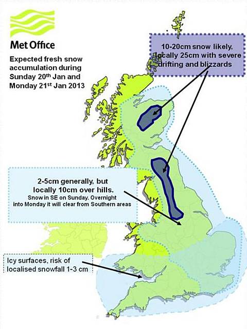 Heavy snow is affecting parts of northern England and southern and eastern Scotland during Monday. In the dark blue area over 10cm of snow is expected widely with over 20cm in places.  In addition, drifting is likely in strong to gale force easterly winds.