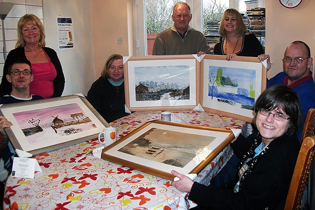 MENCAP Cotton Fold tenants, PCSO John Rochelle and support workers Hayley Conlon and Pam Patchett with their watercolours