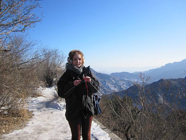 Alison Cooper knitting at the Great Wall