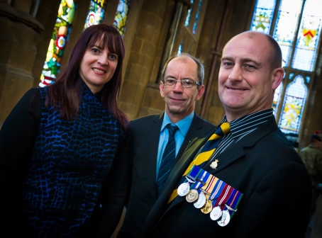 Corporal Mark Coulthard (right) with Linda Fisher and Councillor Colin Lambert 