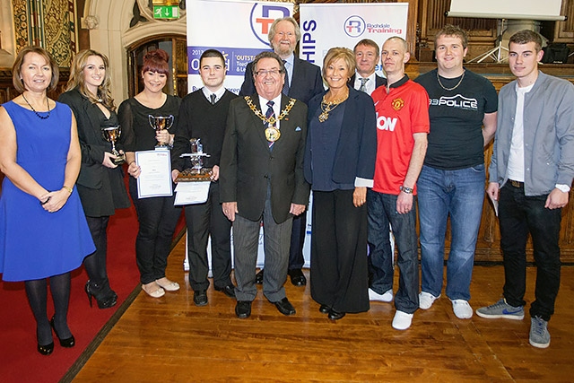 Winners of apprentice awards with Mayor Peter Rush and Mayoress Monica Rush at Rochdale Town Hall