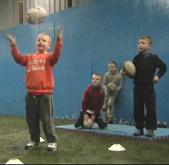 Samuel Ellis showing off his handling skills, watched eagerly by team mates Jamie Howe, Billy Pickering and Tyler Kenwright
