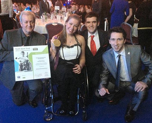 Mr Pidgeon, Headteacher of Redwood Secondary School; Hannah Cockroft, Double Paralympic Gold Medallist; Mr Barker and Mr Butterworth from Redwood Sports Development Team