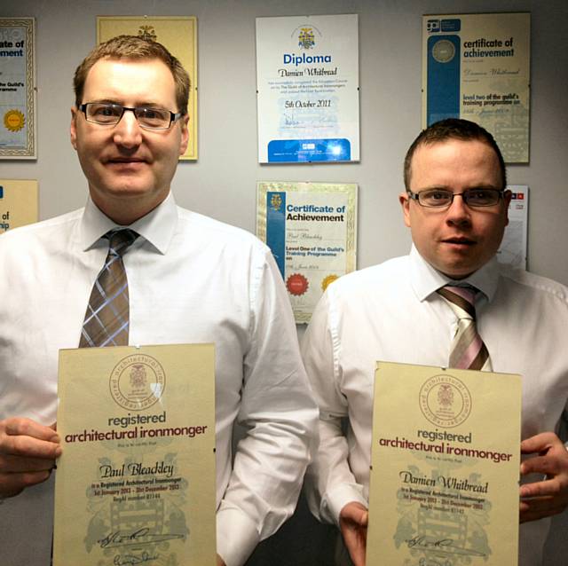 Paul Bleakley, Managing Director, Abbey Architectural Ironmongery and Damien Whitbread, Architectural Ironmonger receive their certificates