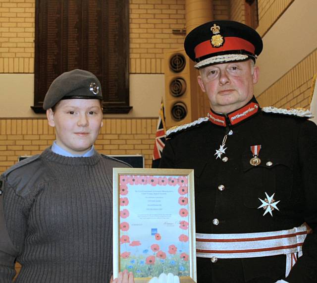 Cadet Jade Swann of 1263 (Rochdale) Squadron who raised the third highest individual amount for Air Training Corps of £1,556.88 with the Lord Lieutenant