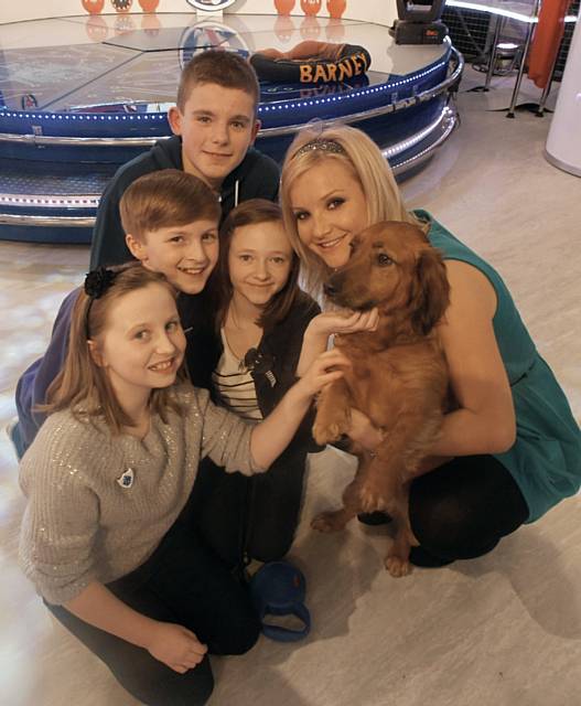 Lucy, Jamie, Jack and Evan with Helen Skelton Blue Peter presenter and Barney the Blue Peter dog