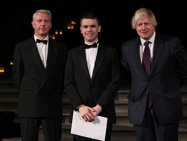 Paul Blayney receiving his award from Mayor of London, Boris Johnson, and Chartered Institute of Housing Vice-President Paul Tennant