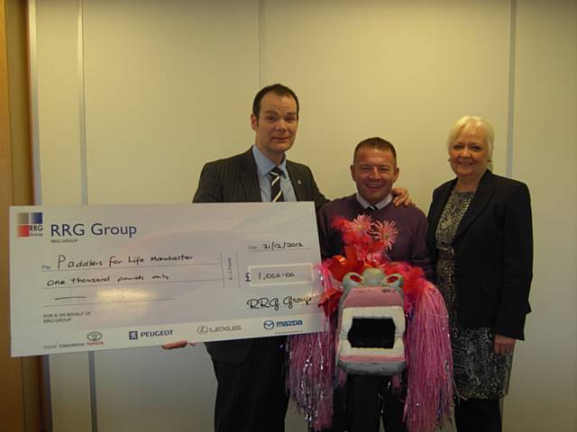 Joint MDs Arran Bangham and Tony Cliff presenting the cheque to Ann Johnson