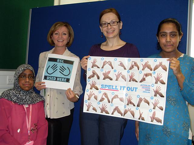 Safeena Ahmed, 18 (Childcare and deaf student), Ali Thompson (Communication Support Worker), Elaine Butterworth (Deaf Tutor) and Sameena Ahmed (Childcare and deaf student),20