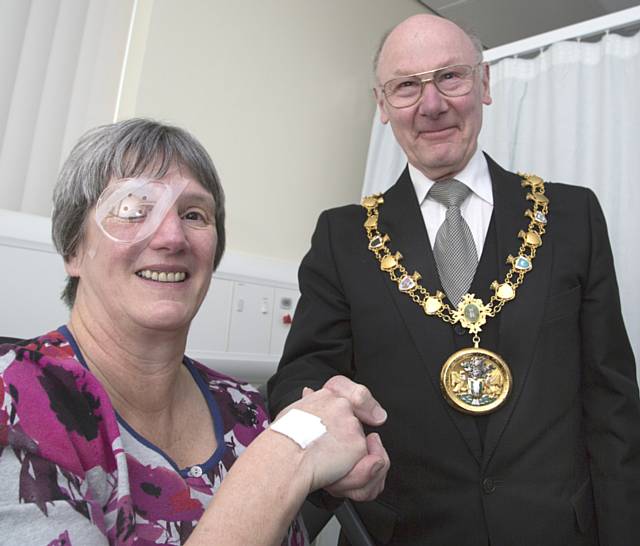 Mayor of Rochdale Councillor James Gartside with patient Helen Nuckley