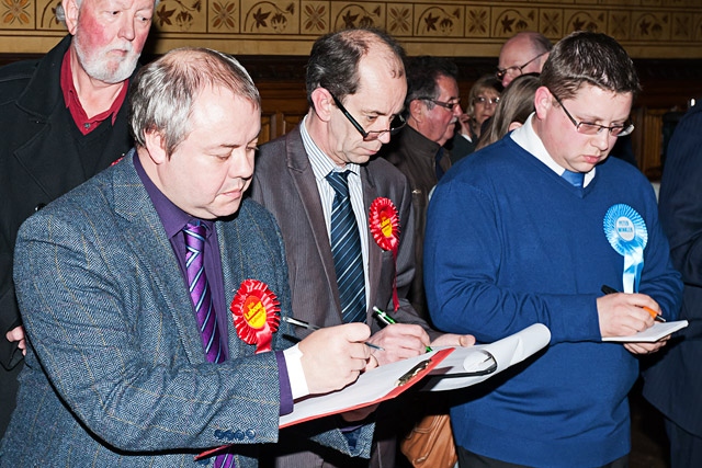 Peter Winkler (right) watching the count carefully alongside Council Leader Colin Lambert and Councillor Neil Emmott