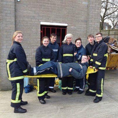 Students testing out all the skills needed to work in the fire service: Heather Manning, Jenny Cooper, Michael Wawrzyn, Emma Mcloughlin, Lauren Sutton, Adam Giddens and Reece Vickers. Ben Sweeney is playing the casualty on the spine board