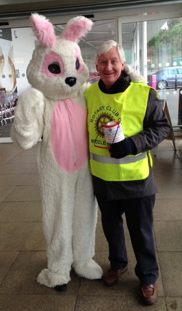 Middleton Rotary Club's Easter Bunny at Sainsbury's with John Brooker